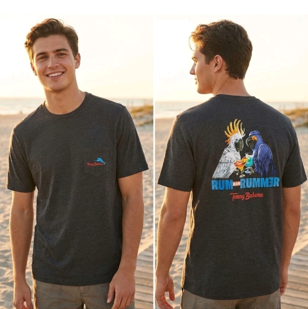 Tommy Bahama Men's XL "Rum and Rummer" Parrots Gray Crew Neck Pocket T-Shirt